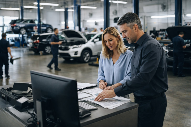 Service manager and coordinator reviewing workflow in a busy automotive service center with vehicles in service bays